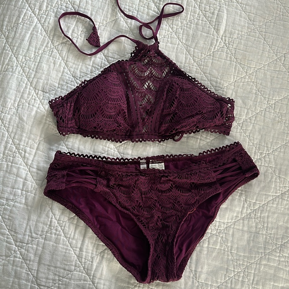 Crochet, dark, purple, Becca, swimsuit, bikini
